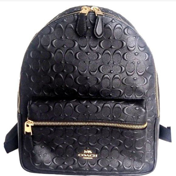 NEW (No tags) COACH CHARLIE BACKPACK Black Signature Logo Embossed Leather - Picture 2 of 2